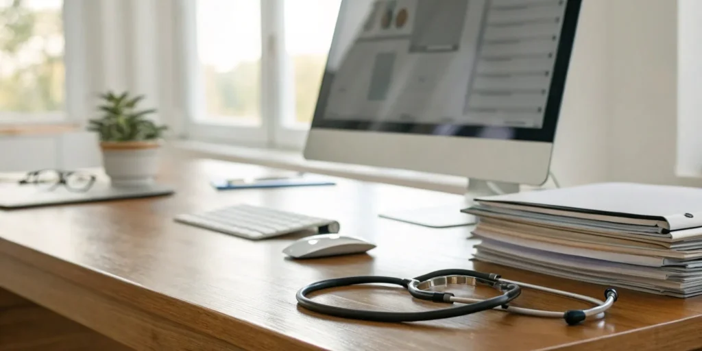 Medical office desk with a computer and stethoscope for finding the best medical billing company.