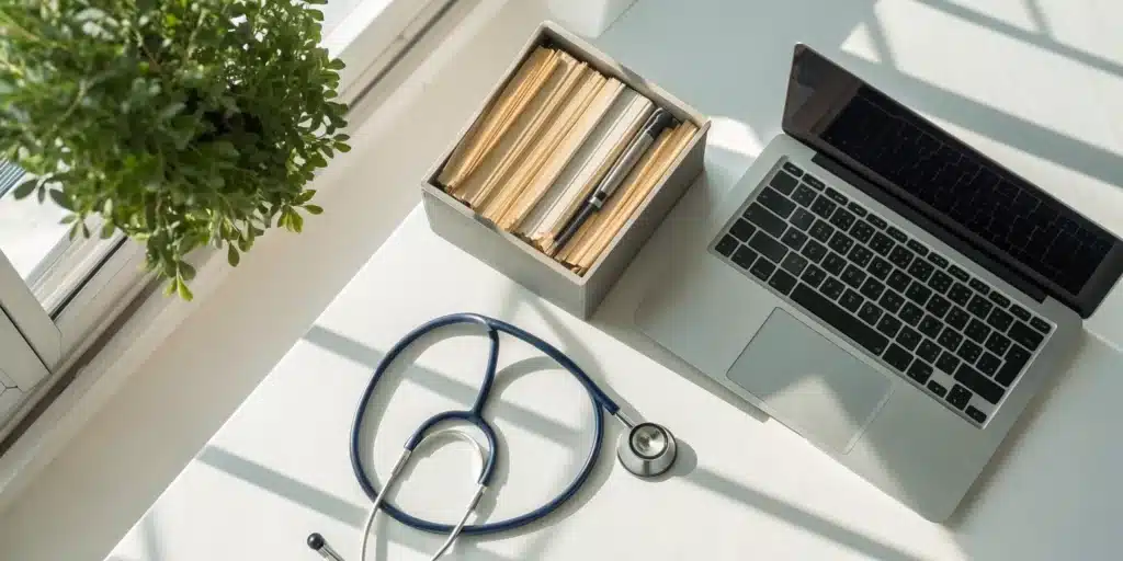 A desk with medical documents and a laptop for the healthcare credentialing process.