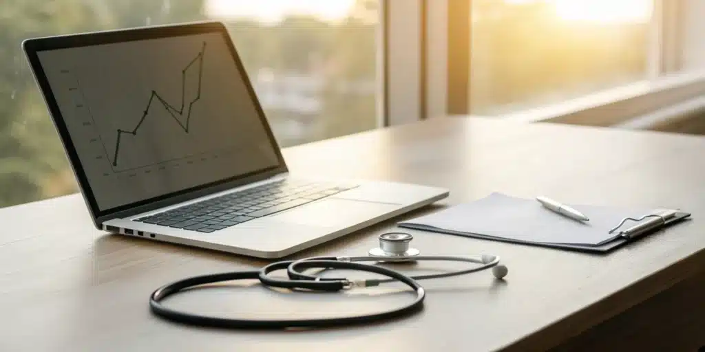 Healthcare revenue cycle management tools including a laptop with financial graphs, a stethoscope, and a clipboard.