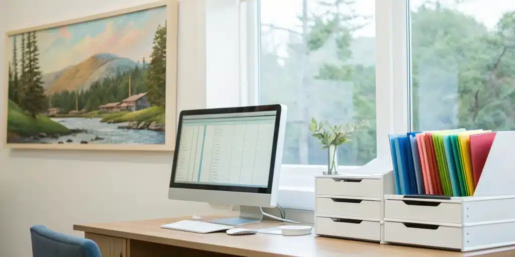 A streamlined desk setup for managing outsourced insurance billing.