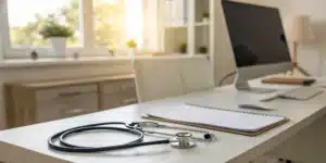 Medical desk with a computer and paperwork for provider enrollment and credentialing services.