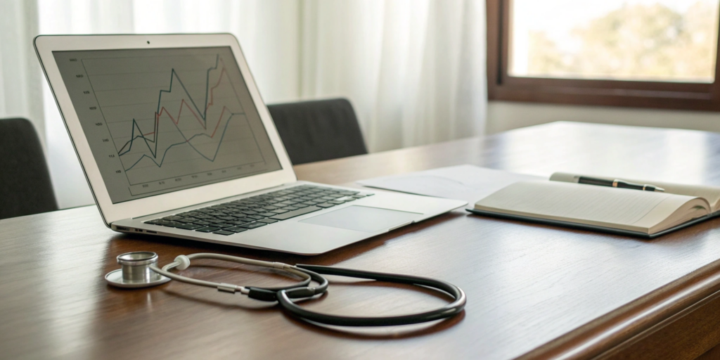 Comparing medical billing outsourcing companies on a laptop showing performance analytics.