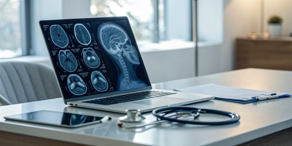 Neurology medical billing process with a laptop showing brain scans and a stethoscope.