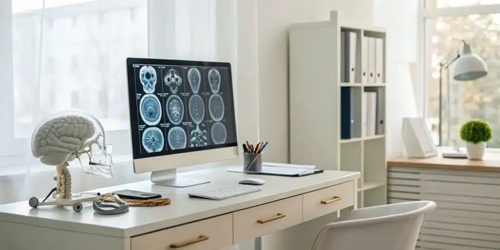 Modern neurology desk with brain model and computer scans for medical billing services.