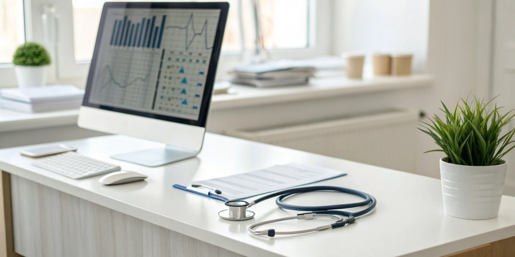 Stethoscope, computer, and charts on a desk showing the benefits of outsourced cardiology billing services.