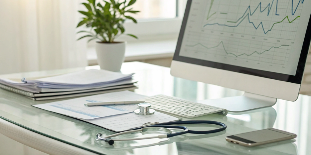 Medical office desk with computer charts and documents for outsourced medical billing.