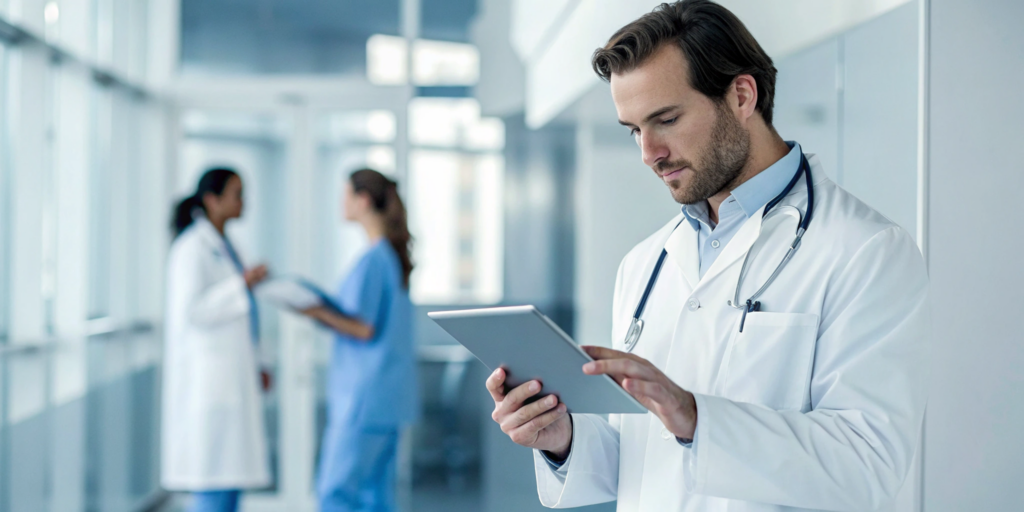 A medical professional uses a tablet to manage urgent care billing services.