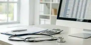 Neurology billing and coding software on a computer with a stethoscope and calculator.