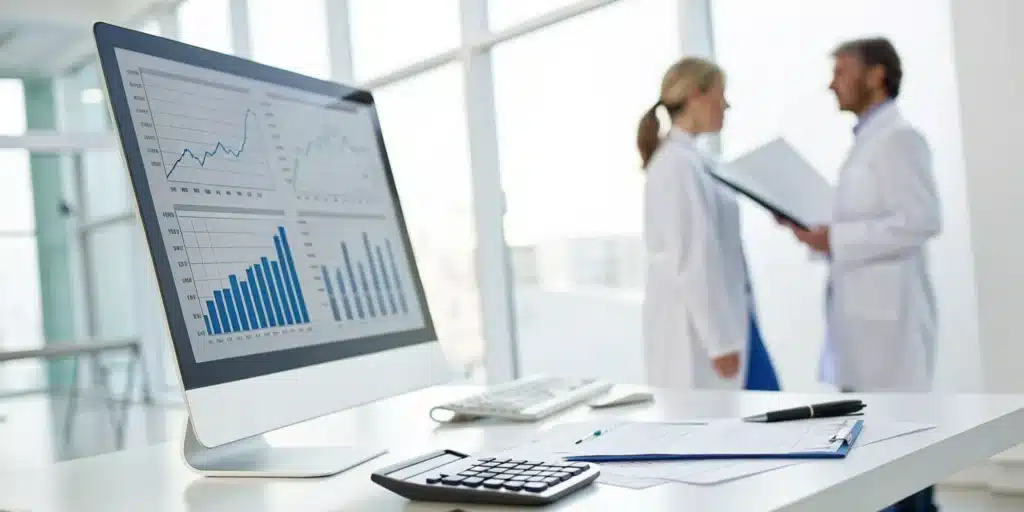 Optimizing sleep lab billing for CPAP and PSG claims with data charts on a computer screen.