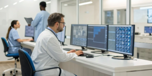 Urgent care billing department staff working at computers on patient insurance claims.