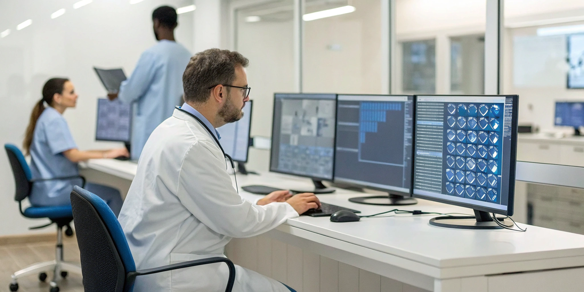 Urgent care billing department staff working at computers on patient insurance claims.