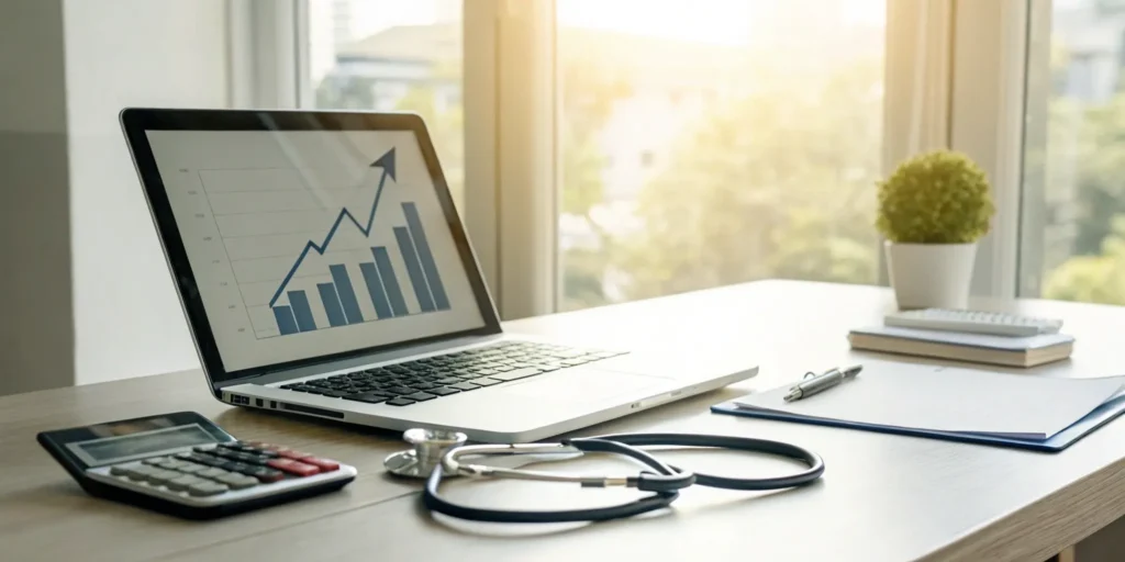 Laptop with a revenue graph, stethoscope, and calculator used to improve revenue cycle management.