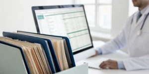 Neurologist at a desk reviewing CPT and ICD-10 codes for billing compliance.