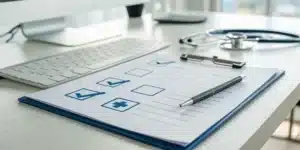 A checklist for physician credentialing requirements on a desk with a stethoscope.