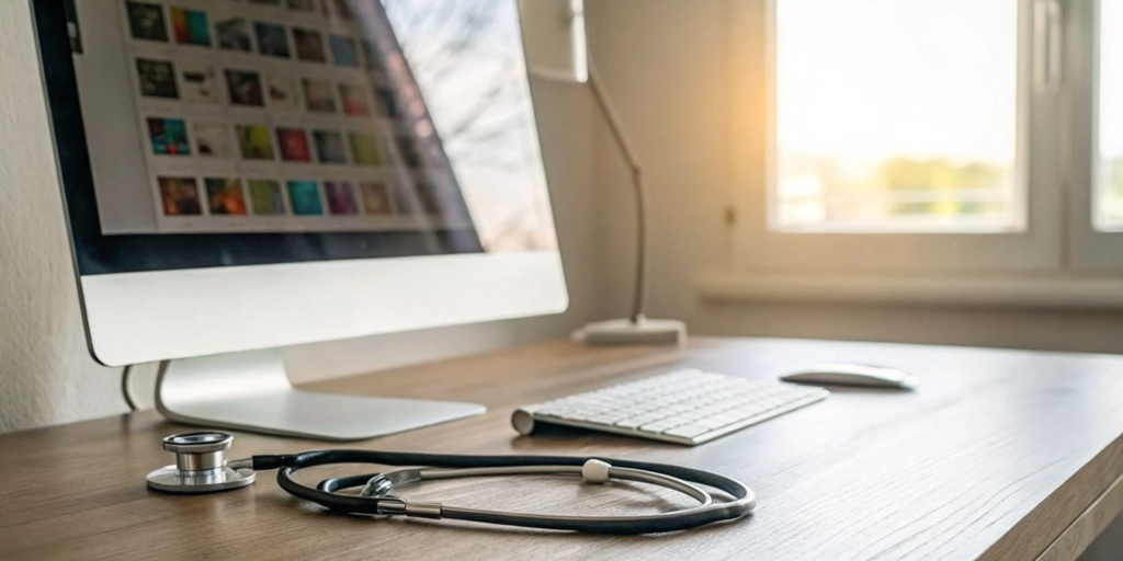 A computer displaying telehealth billing codes on a medical desk with a stethoscope.