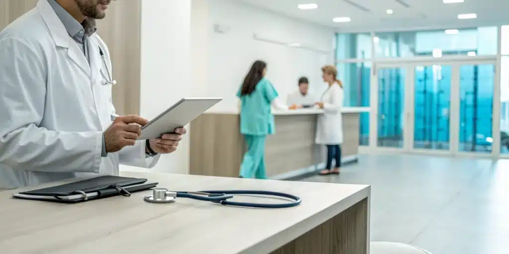 Doctor managing family practice CPT and ICD-10 coding compliance services on a tablet.