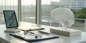 Neurology CPT and ICD-10 billing compliance services with a brain model, stethoscope, and tablet.