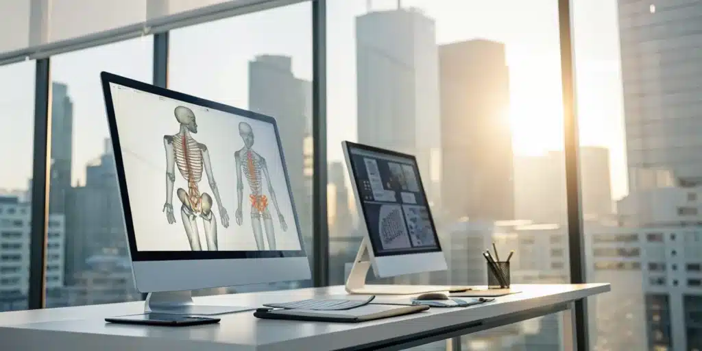 CPT and ICD-10 coding services for pain management on a computer displaying anatomical charts.