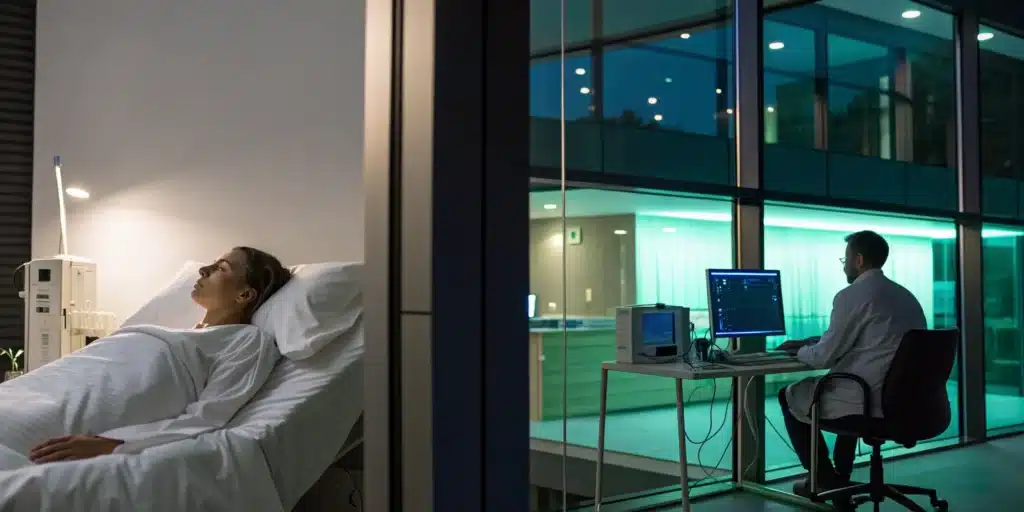 Technician monitors a patient's sleep study for revenue cycle management and denial prevention.