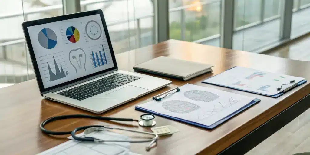 Sleep and neurology billing solutions with documentation review on a laptop with charts and a stethoscope.
