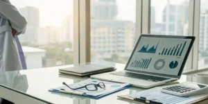 Laptop with financial charts and a calculator used for medical accounts receivable management.