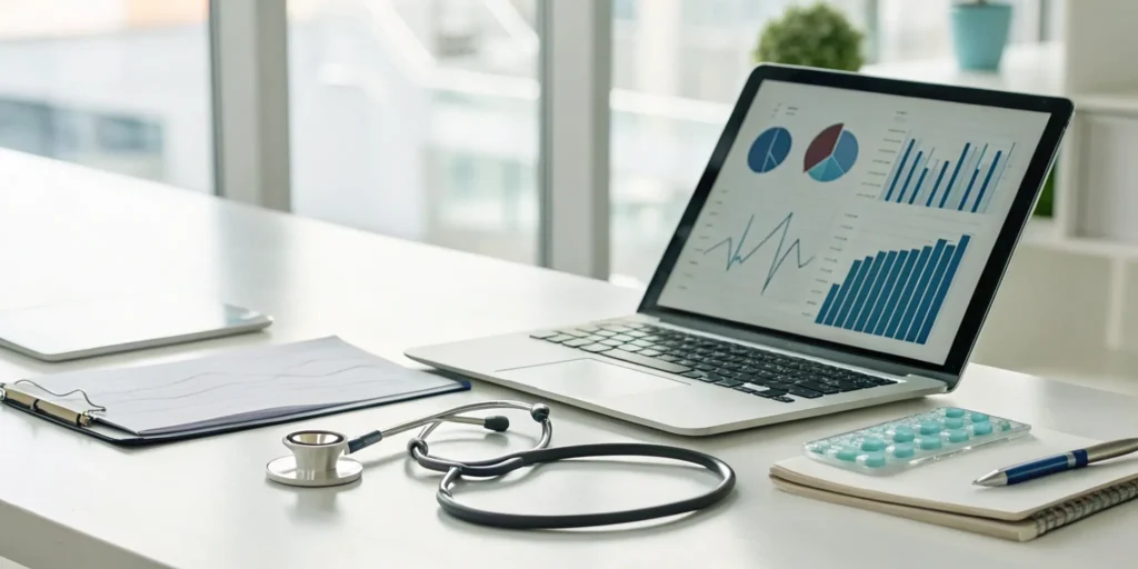Stethoscope and clipboard on a desk with a laptop for urgent care billing per CMS guidelines.