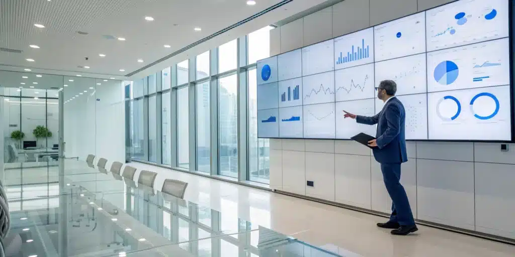 Medical management consultant analyzing performance data to optimize a healthcare practice.