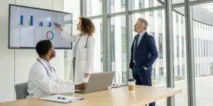 Medical practice management consultant reviewing performance data with doctors in an office.