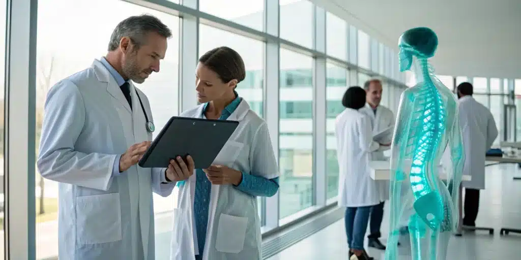 Doctors use a chart and skeleton model for pain management medical billing and coding services.