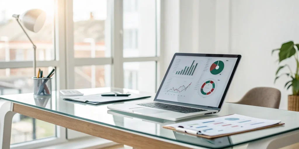 Using a laptop to analyze charts for denial management in medical billing.