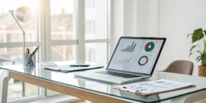 Using a laptop to analyze charts for denial management in medical billing.