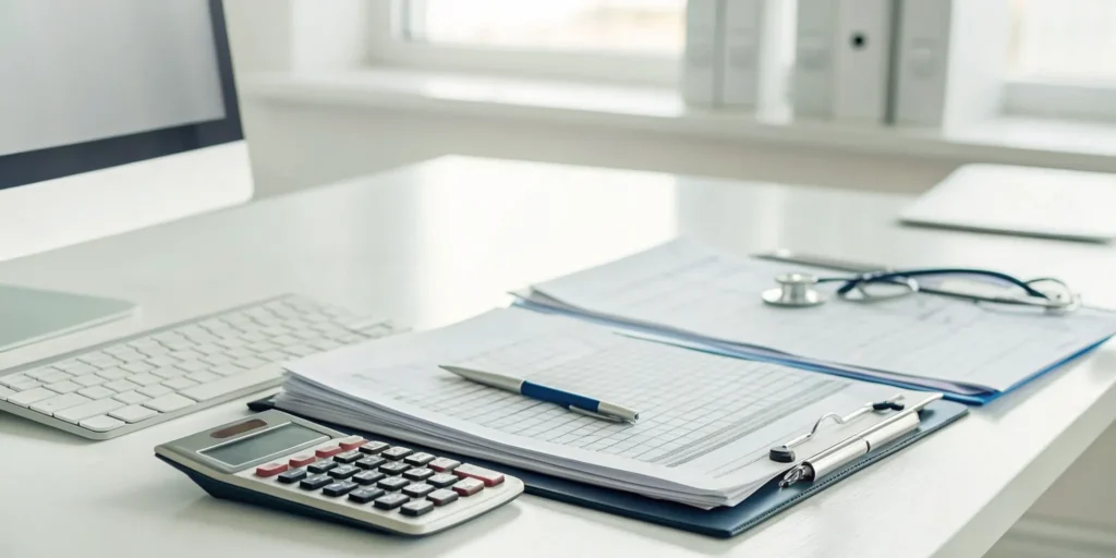 A stethoscope rests on urgent care billing paperwork next to a calculator.