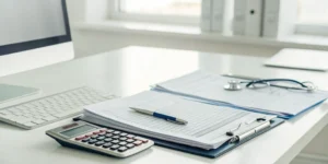 A stethoscope rests on urgent care billing paperwork next to a calculator.