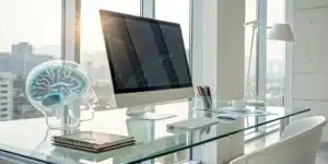Neurology medical billing specialist's desk showing neurodiagnostic procedure codes and a brain model.
