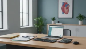 Cardiology medical billing office with stethoscope, billing documents, and laptop on a professional desk