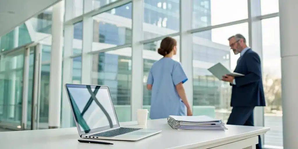 Two healthcare professionals discussing insurance claims management in an office.