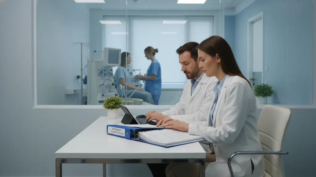 Nephrology billing specialist reviewing dialysis center patient records in a modern medical office