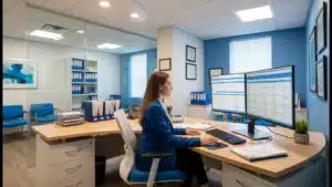 OB/GYN practice administrator reviewing medical billing reports on computer