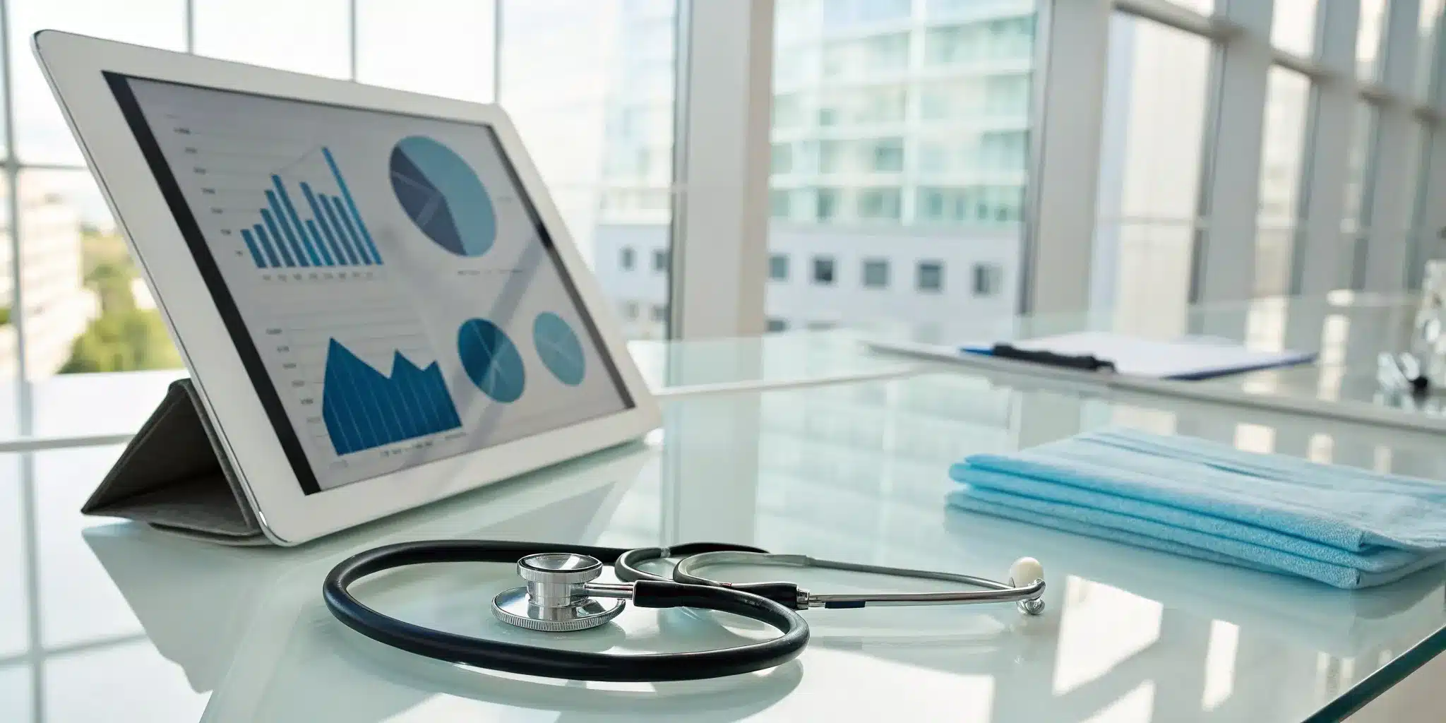A medical billing service provider dashboard on a tablet next to a stethoscope.
