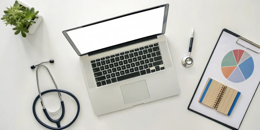 Medical billing and coding compliance desk with a laptop, stethoscope, and patient chart.
