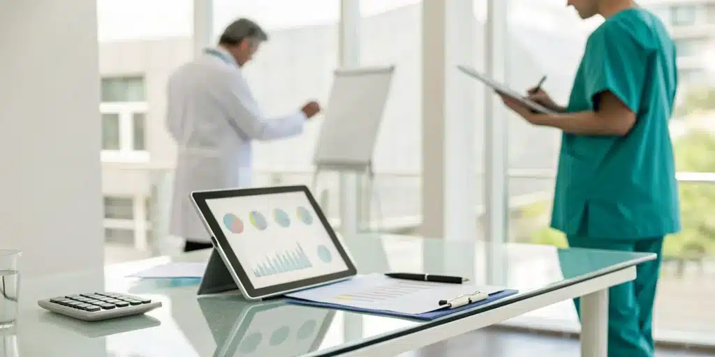 A tablet on a desk showing medical billing information for a surgery clinic.