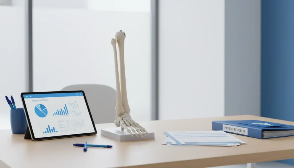 Podiatry medical billing desk with foot model and claims dashboard