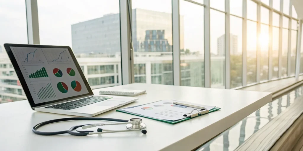 A laptop on a desk displays medical billing and denial management data next to a stethoscope.