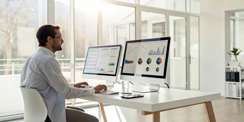 A professional analyzes medical billing and practice support data on dual computer monitors.